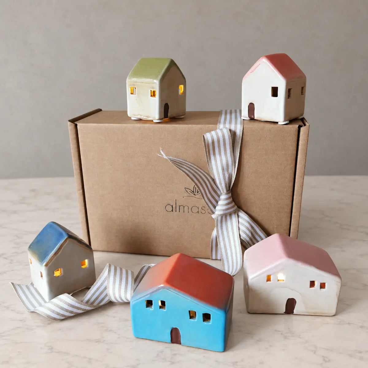 Coloured Christmas LED ceramic houses, gift wrapped Secret Santa gifts under £10
