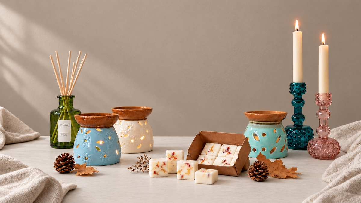 Autumn table with lit ceramic oil burners, a reed diffuser, wax melts, pine cones and candles