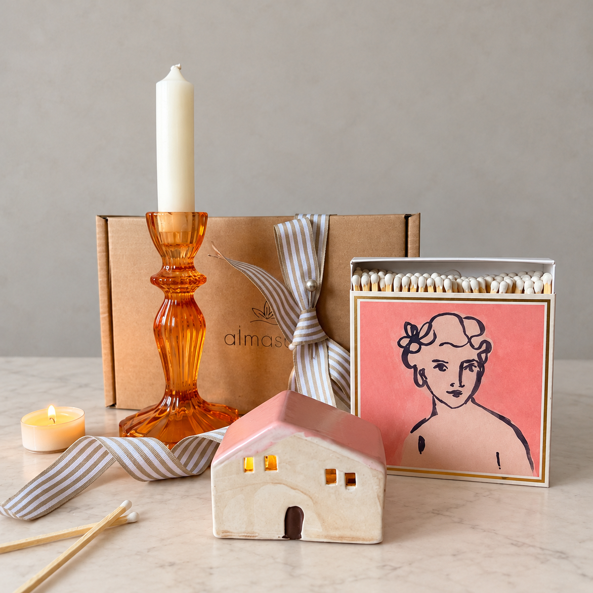 Burnt Orange Candle Holder Gift Set | LED House & Matches   Handcrafted Sustainable Living  Almasea