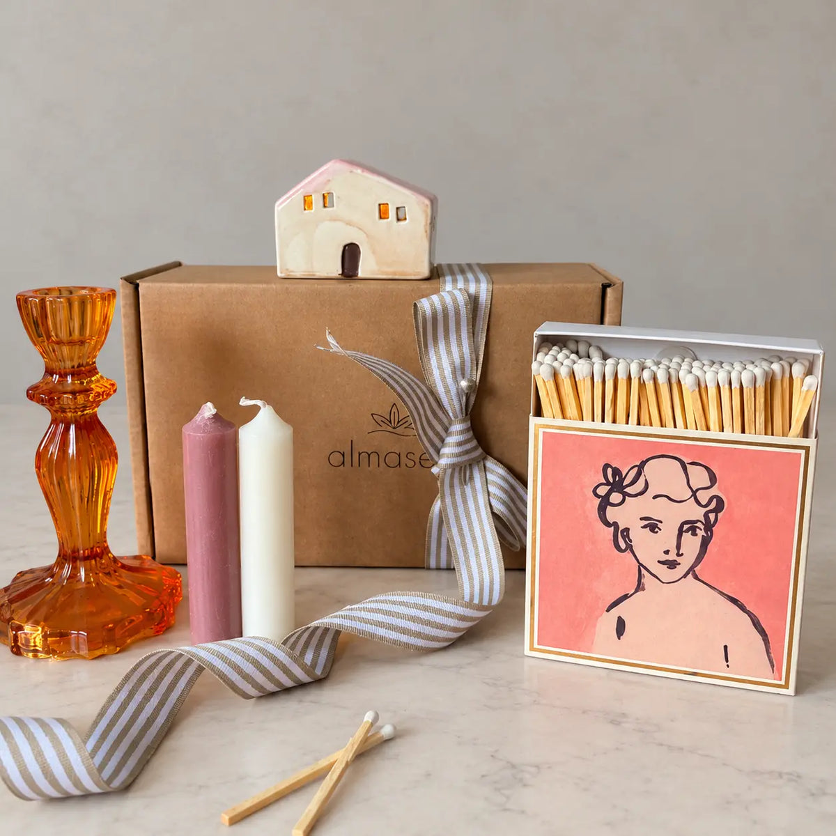 Burnt Orange Candle Holder Gift Set | LED House & Matches