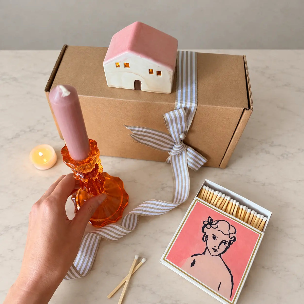 Burnt Orange Candle Holder Gift Set | LED House & Matches