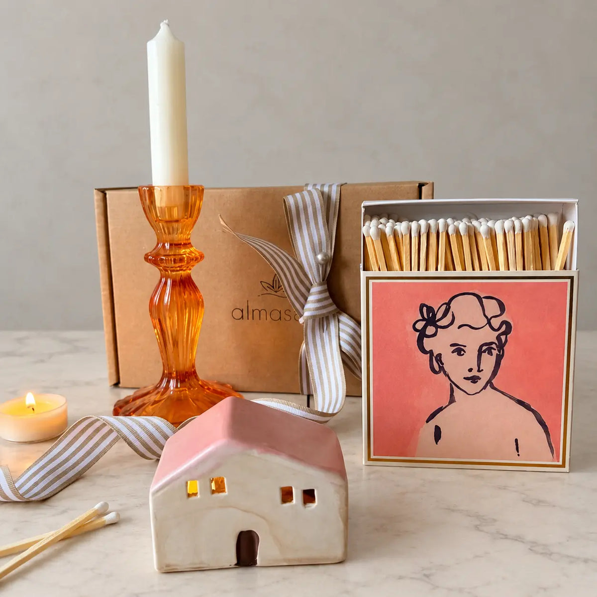 Burnt Orange Candle Holder Gift Set | LED House & Matches