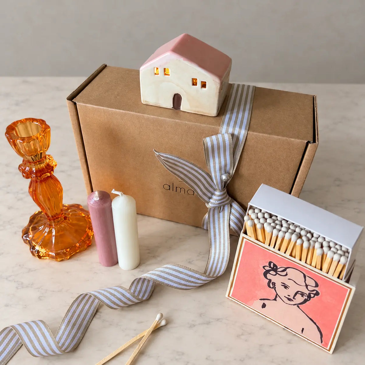 Burnt Orange Candle Holder Gift Set | LED House & Matches