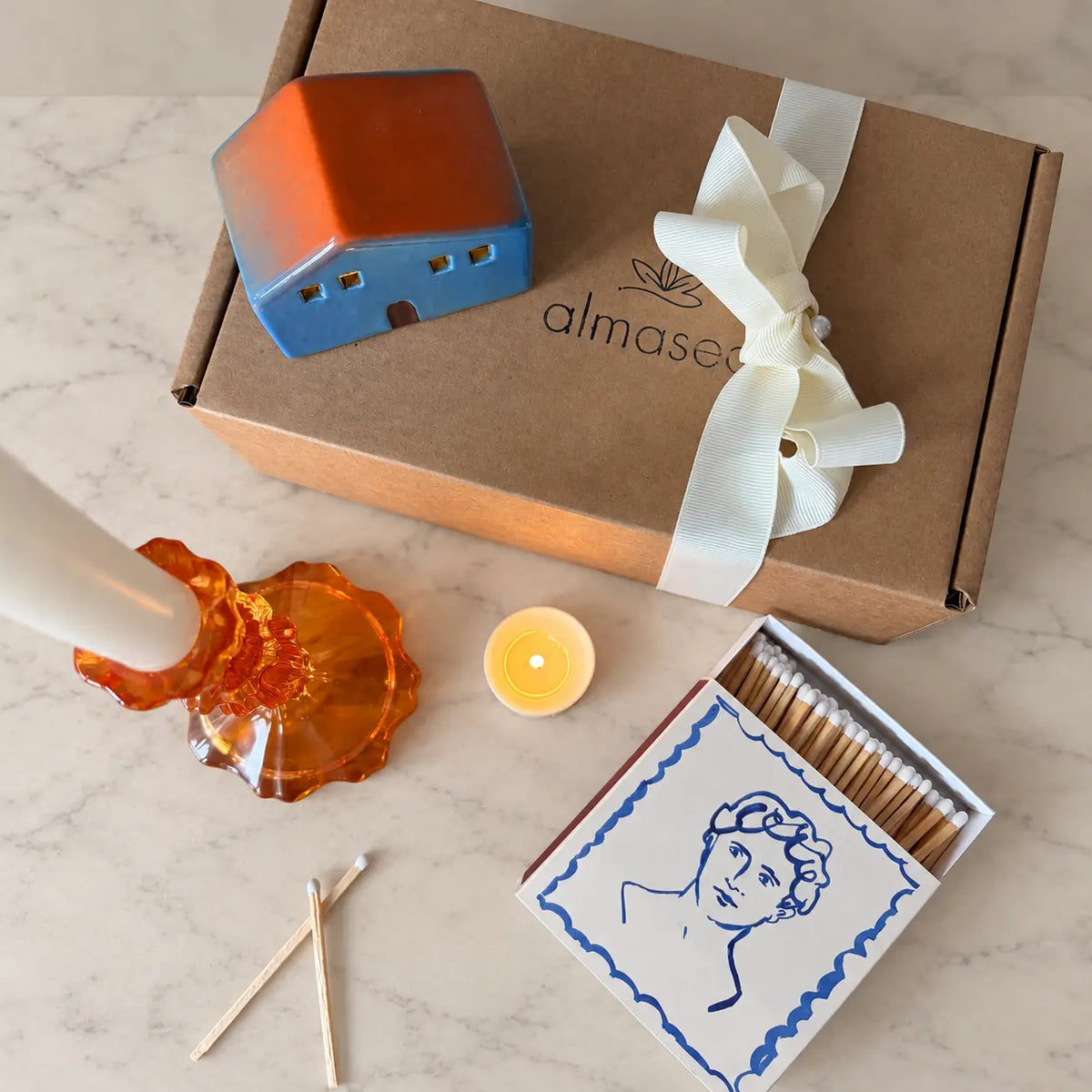 Burnt Orange Candle Holder Gift Set | LED House & Matches