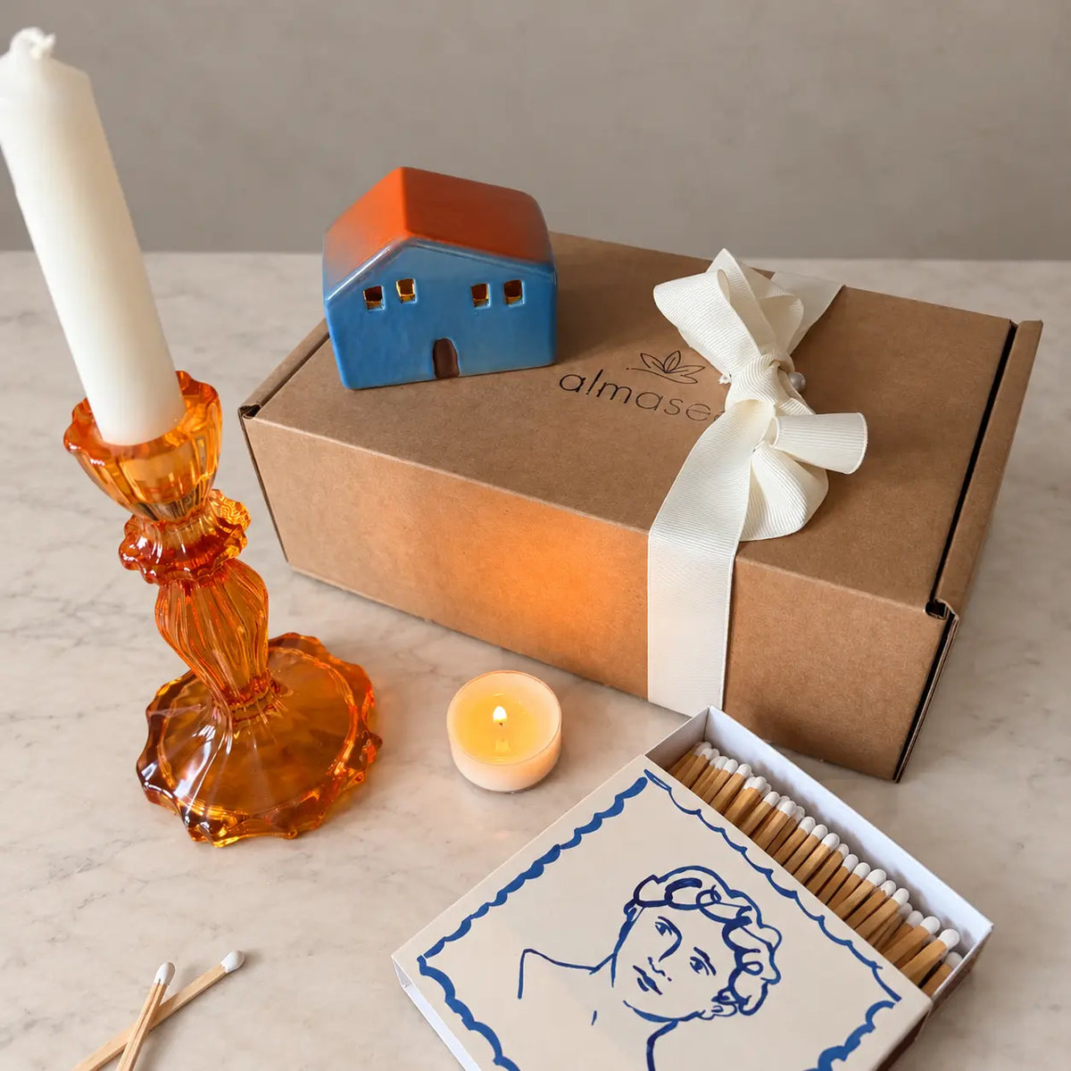 Burnt Orange Candle Holder Gift Set | LED House & Matches