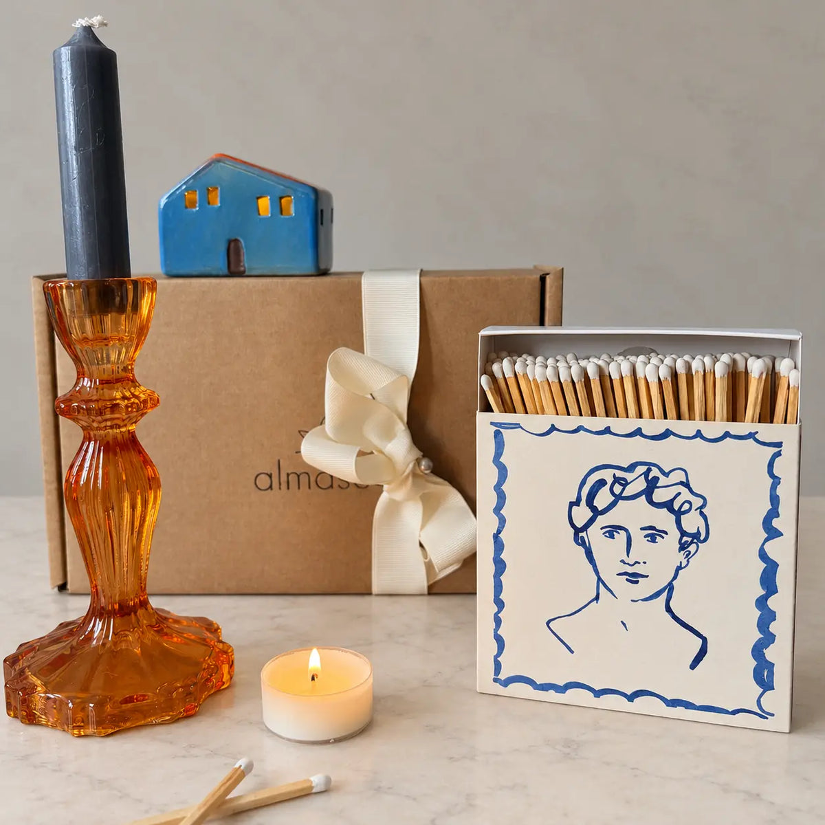 Burnt Orange Candle Holder Gift Set | LED House & Matches