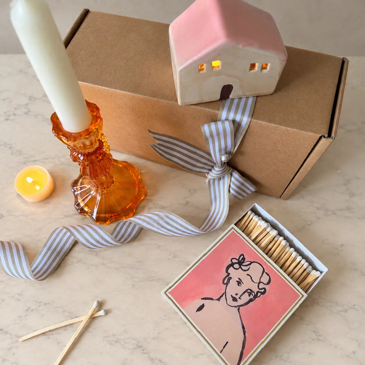 Burnt Orange Candle Holder Gift Set | LED House & Matches