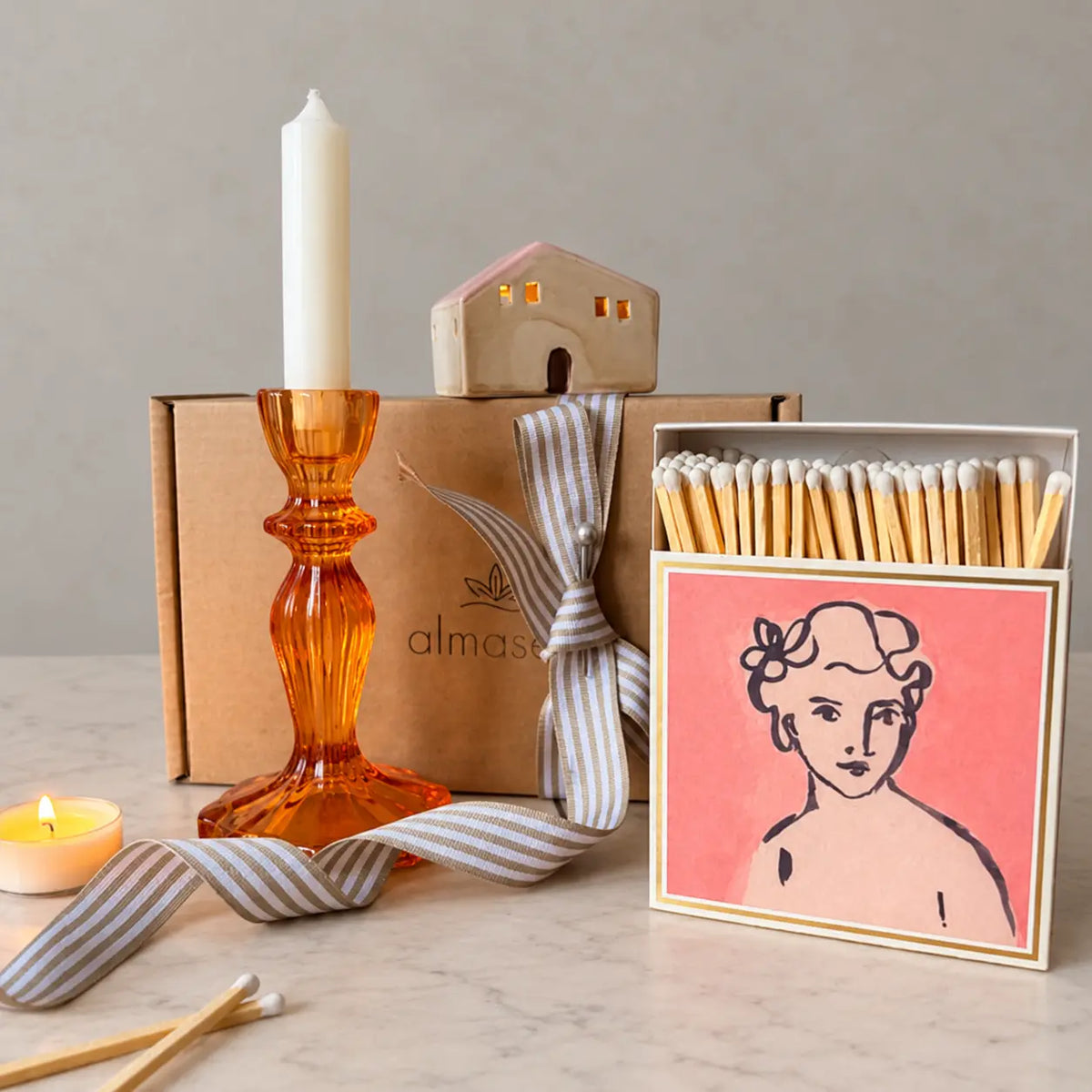Burnt Orange Candle Holder Gift Set | LED House & Matches