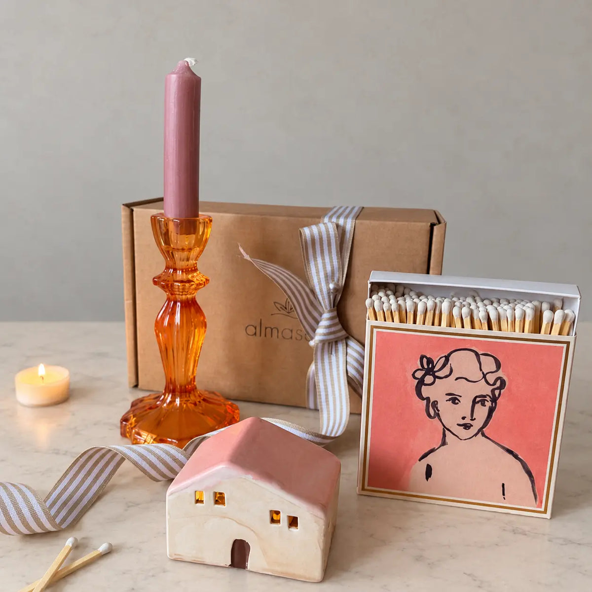 Burnt Orange Candle Holder Gift Set | LED House & Matches