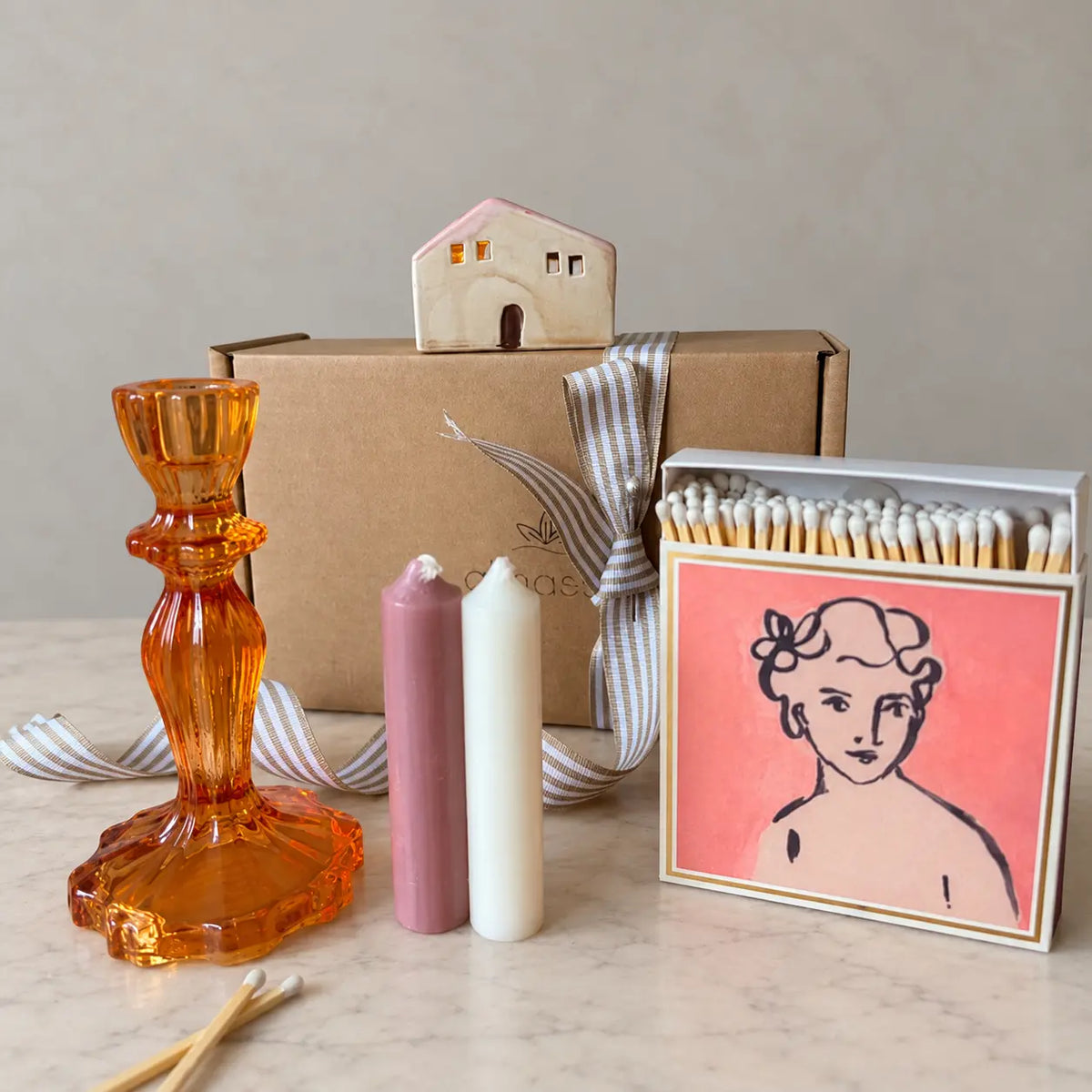 Burnt Orange Candle Holder Gift Set | LED House & Matches