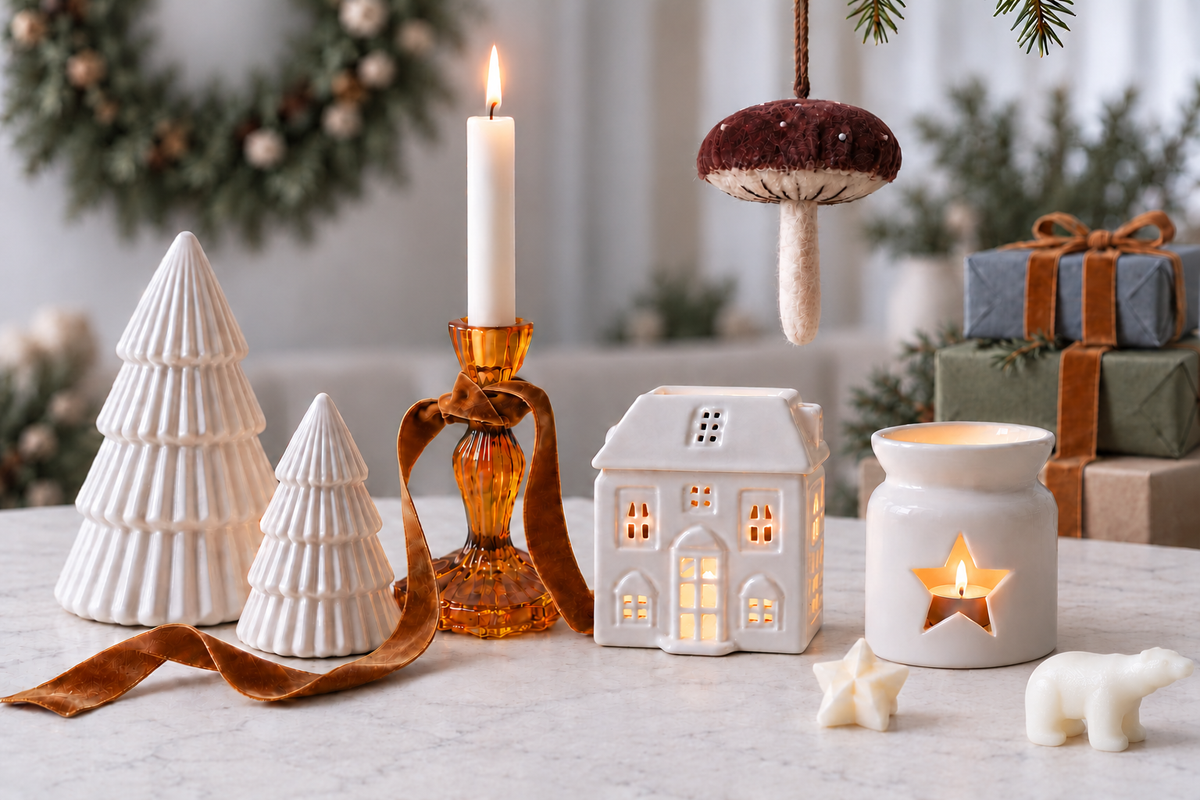 Christmas table with lit ceramic oil burners, white matt trees, wax melts and wax melts