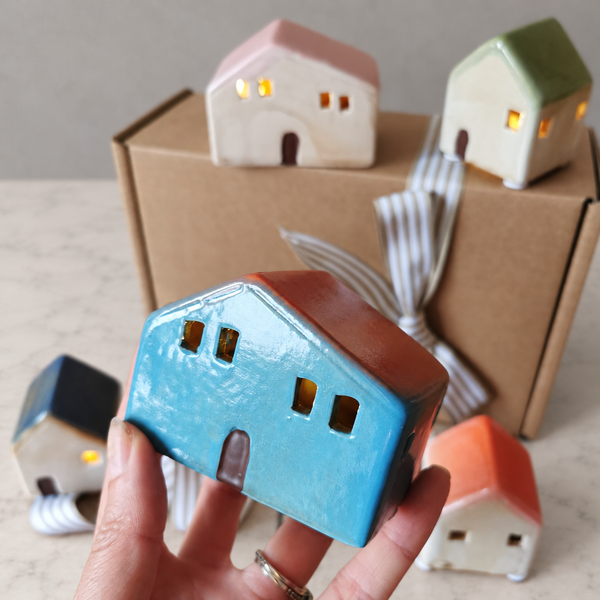 Christmas LED House in Blue and rust