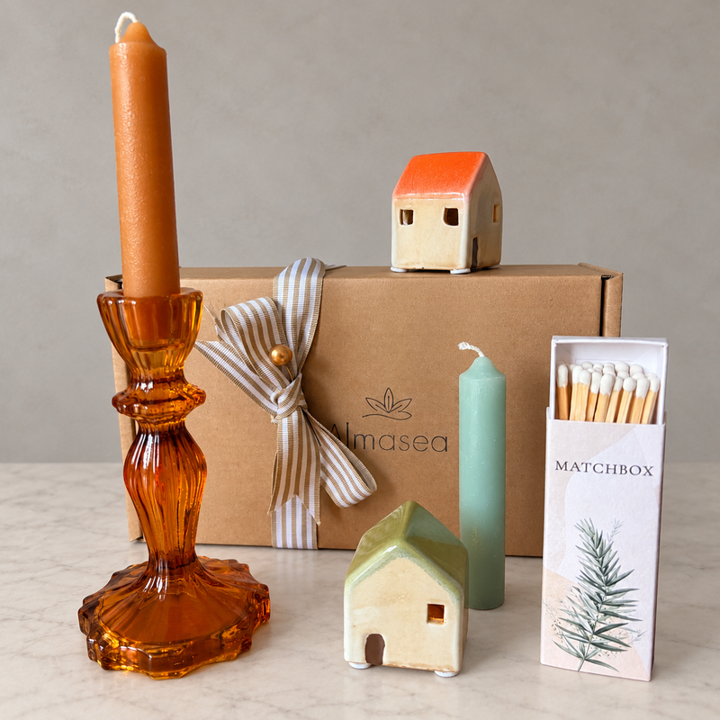 Dinner Candle Gift Set | Sage & Rust LED Houses & Matchbox   Handcrafted Sustainable Living  Almasea