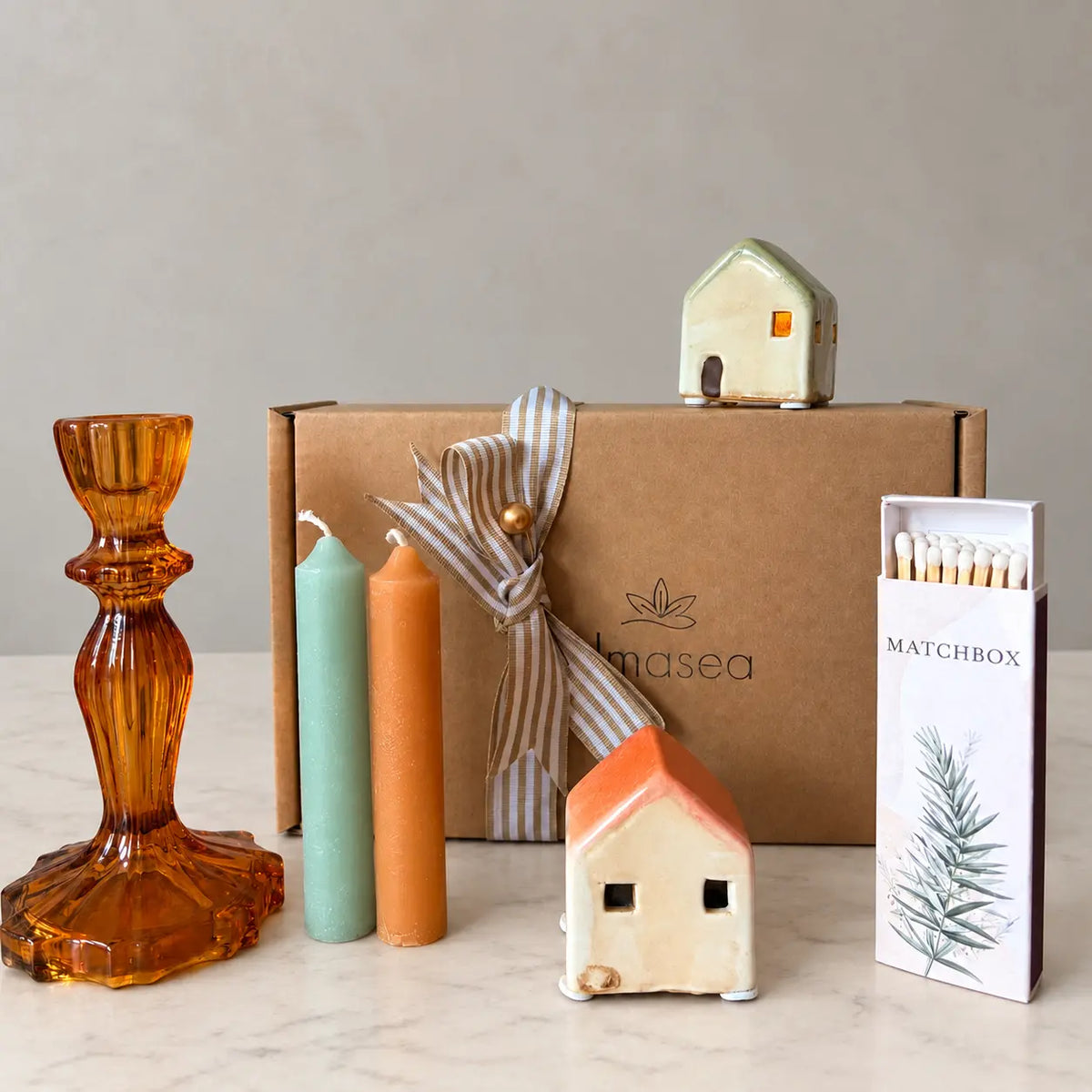 Dinner Candle Gift Set | Sage & Rust LED Houses & Matchbox