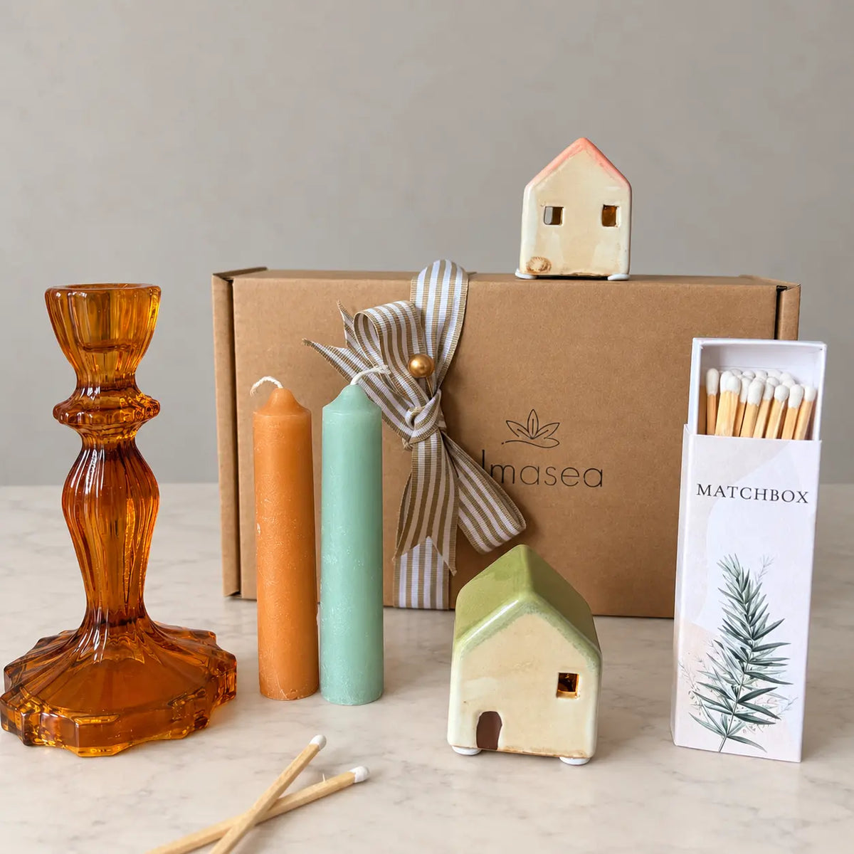 Dinner Candle Gift Set | Sage & Rust LED Houses & Matchbox
