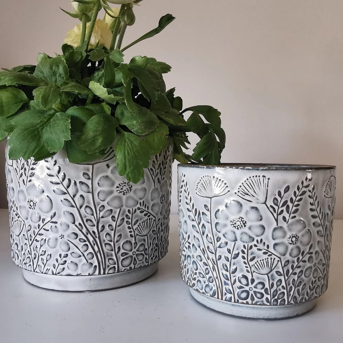 Grey Glazed Plant Pots – Floral Ceramic, 11cm & 14cm   Handcrafted Sustainable Living  Almasea