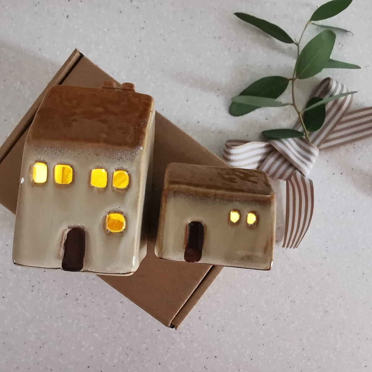 Light Up House Decoration – Beige Roof LED Ceramic House   Handcrafted Sustainable Living  Almasea