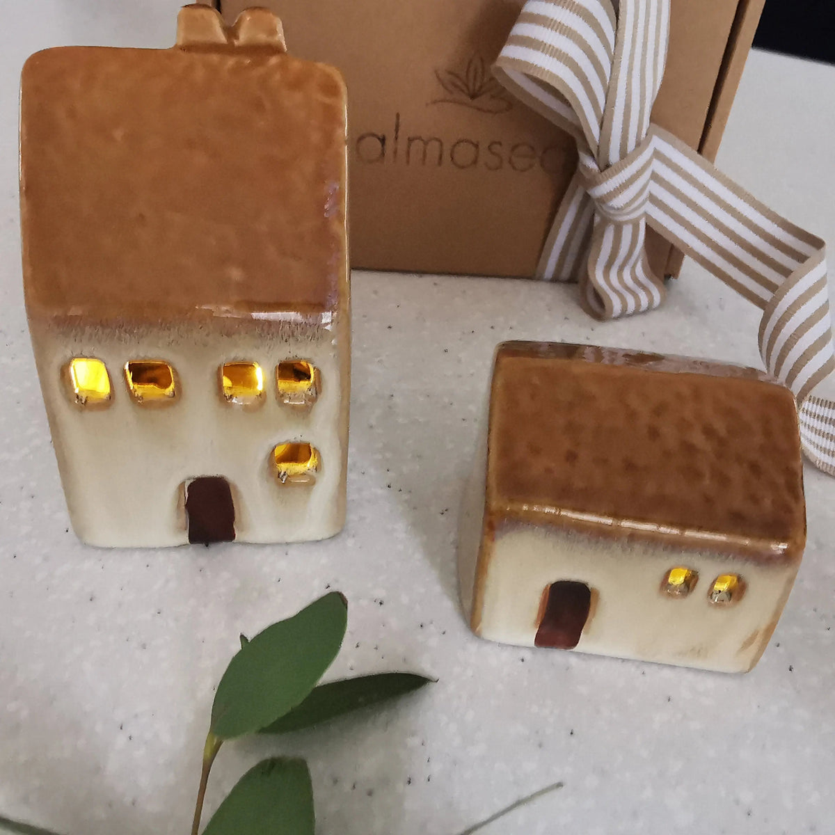Light Up House Decoration – Beige Roof LED Ceramic House   Handcrafted Sustainable Living  Almasea