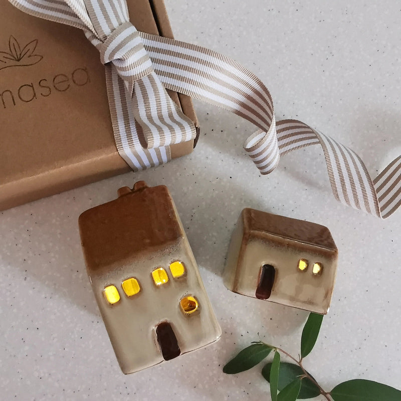 Light Up House Decoration – Beige Roof LED Ceramic House   Handcrafted Sustainable Living  Almasea
