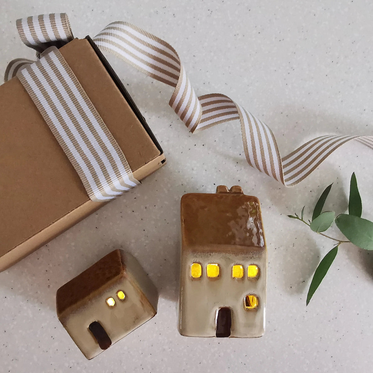 Light Up House Decoration – Beige Roof LED Ceramic House   Handcrafted Sustainable Living  Almasea