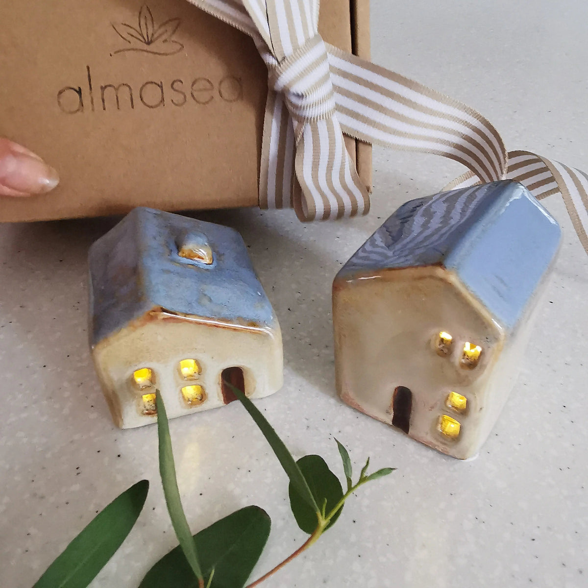 LED Ceramic House Blue Roof – Reactive Glaze Finish   Handcrafted Sustainable Living  Almasea