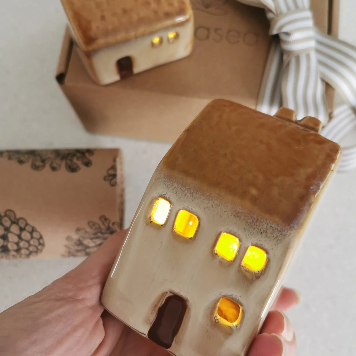 Light Up House Decoration – Beige Roof LED Ceramic House   Handcrafted Sustainable Living  Almasea