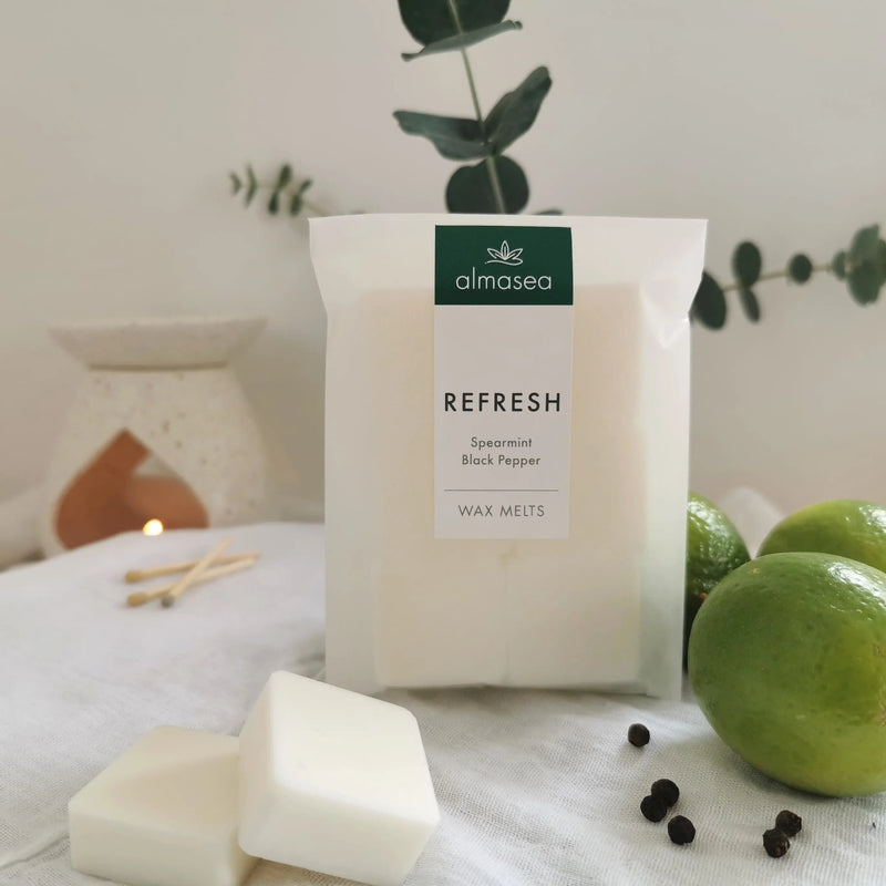 Refresh Aromatherapy Soy Wax Melts | Spearmint, Black Pepper & Vetiver | 72hrs   Handcrafted Sustainable Living  Almasea