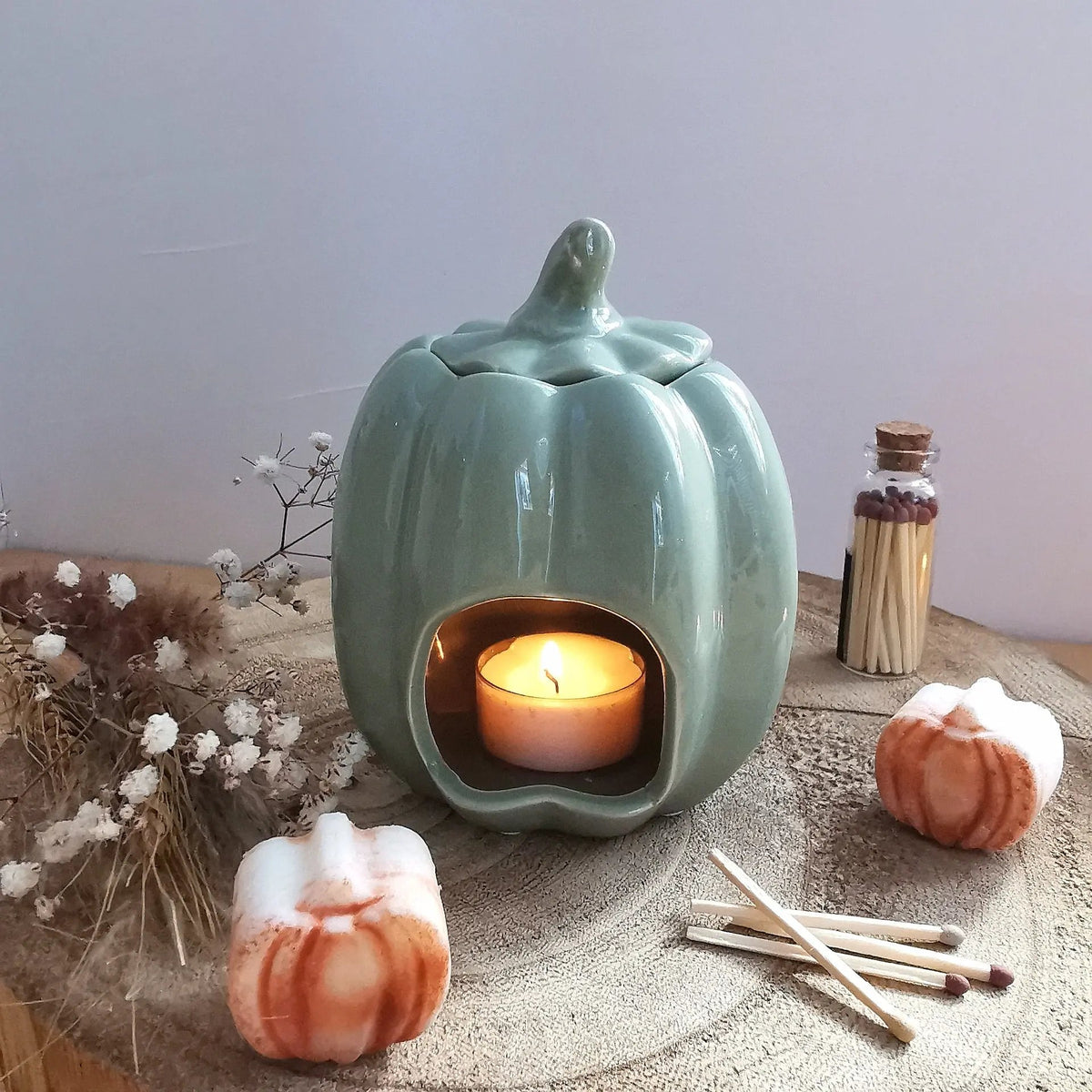 Pumpkin Wax Burner with Lid | White, Grey & Sage Green | Ceramic Oil Burner   Handcrafted Sustainable Living  Almasea