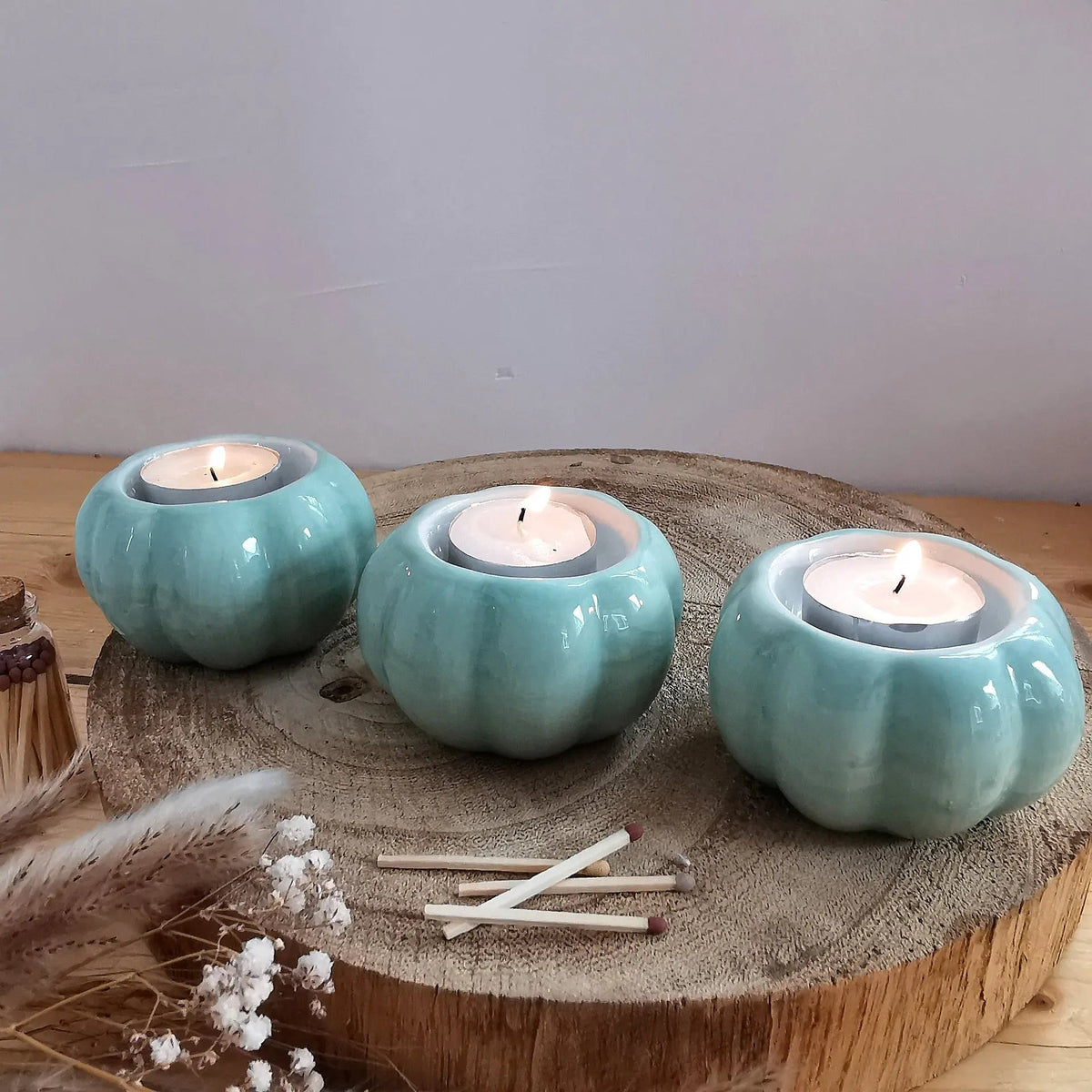 Sage Green Pumpkin Candle Holder – Glossy Ceramic Tea Light Holder   Handcrafted Sustainable Living  Almasea
