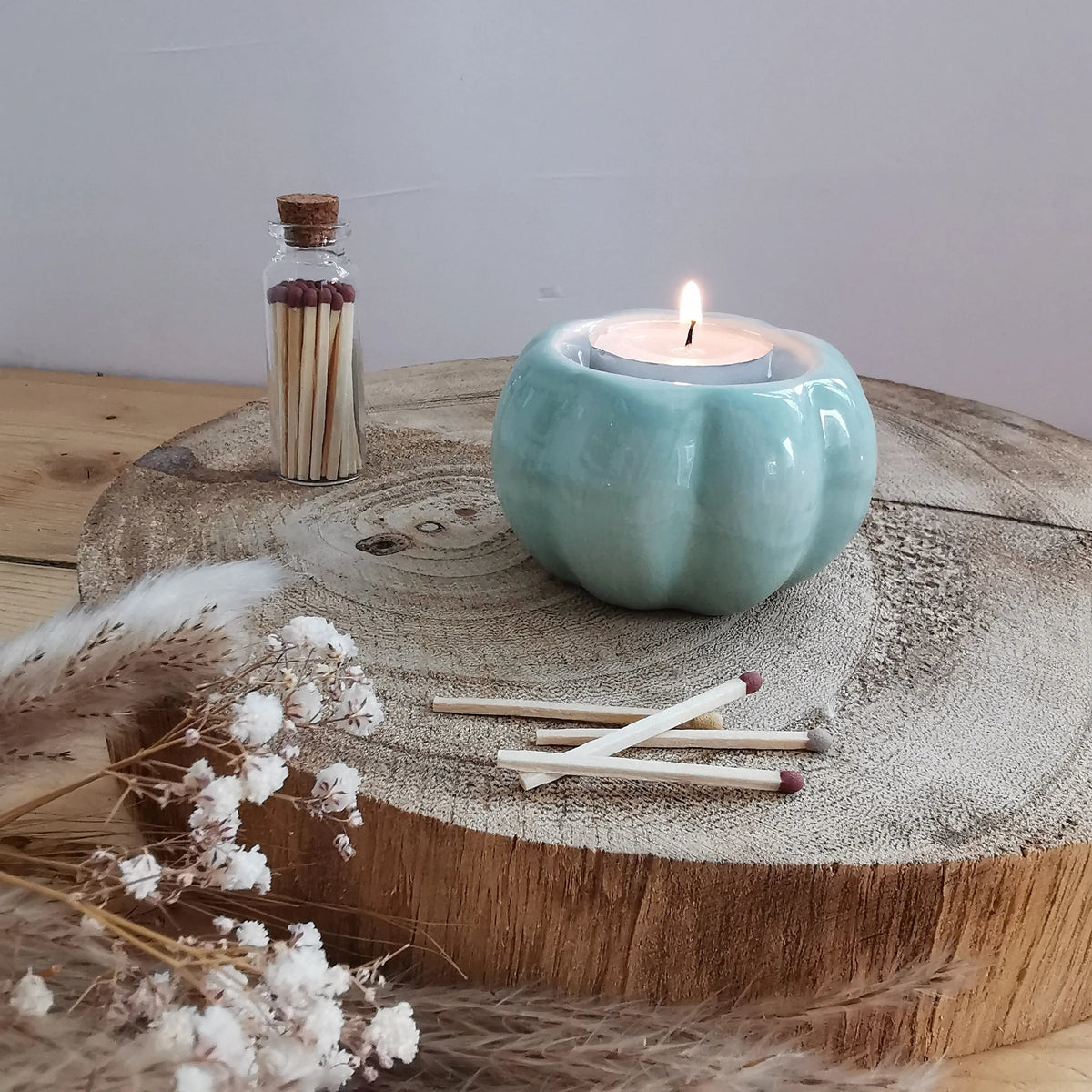 Sage Green Pumpkin Candle Holder – Glossy Ceramic Tea Light Holder   Handcrafted Sustainable Living  Almasea