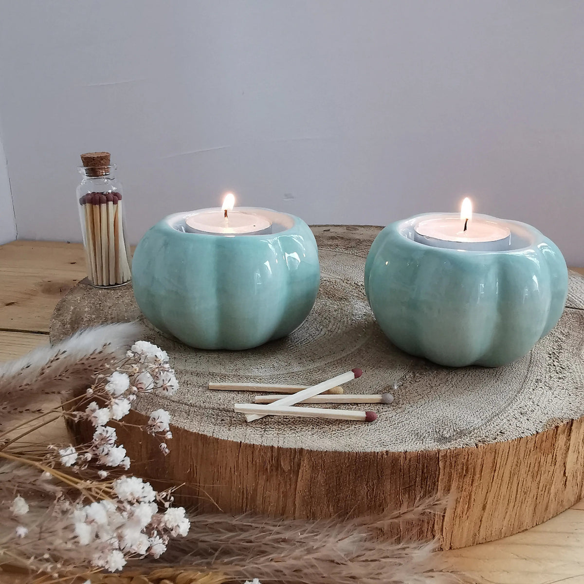 Sage Green Pumpkin Candle Holder – Glossy Ceramic Tea Light Holder   Handcrafted Sustainable Living  Almasea