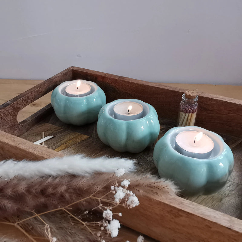 Sage Green Pumpkin Candle Holder – Glossy Ceramic Tea Light Holder   Handcrafted Sustainable Living  Almasea