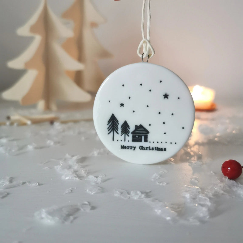 Porcelain Christmas Bauble | White Flat Merry Christmas Decoration   Handcrafted Sustainable Living  Almasea