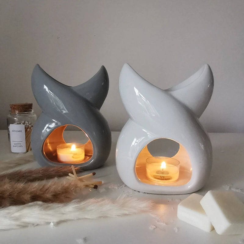 Twisted Ceramic Oil Burner – White & Grey Wax Melt Burner   Handcrafted Sustainable Living  Almasea