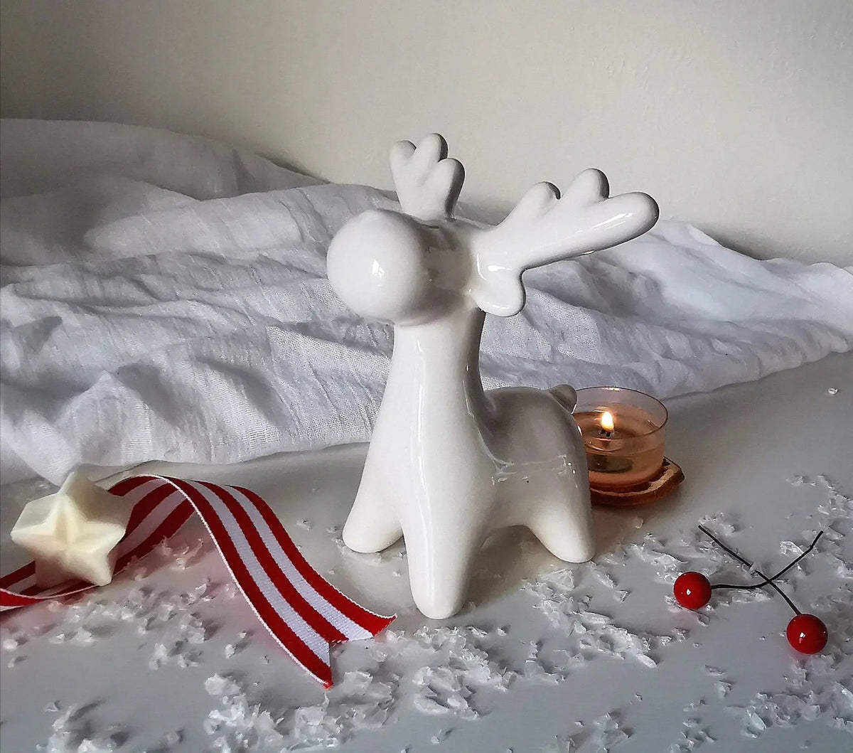 White Ceramic Reindeer Decoration | Glossy Xmas Ornament with Ribbon   Handcrafted Sustainable Living  Almasea