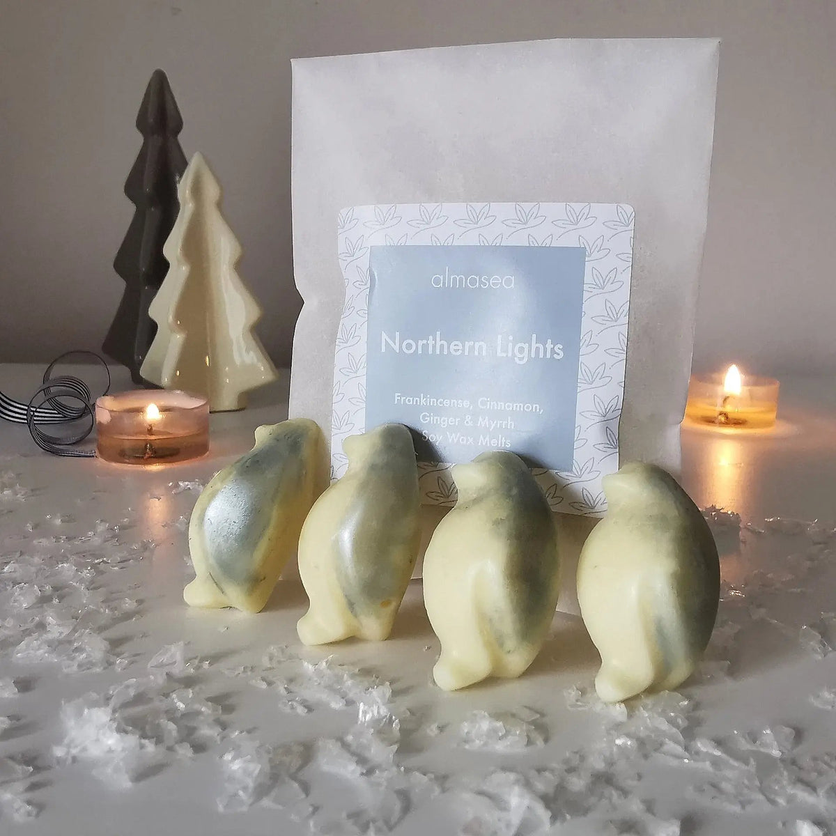 Northern Lights Penguin Festive Wax Melts | Frankincense, Cinnamon, Ginger & Myrrh   Handcrafted Sustainable Living  almasea