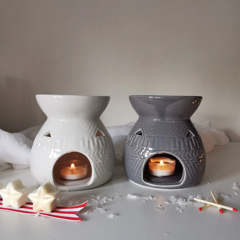 Aztec Geometric Wax Melt Burner – White & Grey Ceramic   Handcrafted Sustainable Living  Almasea