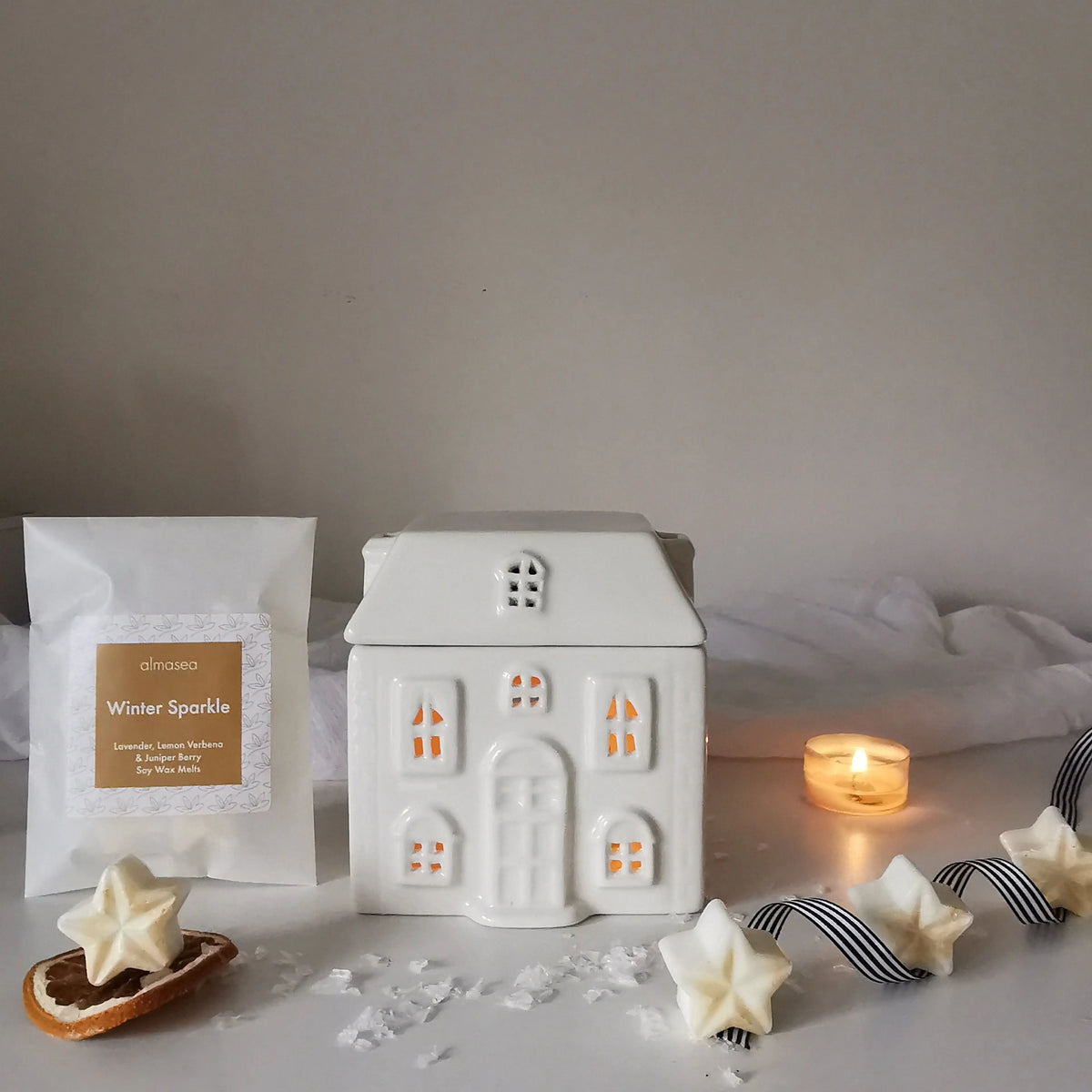 Ceramic House Wax Melt Burner – White, Optional Soy Melts   Handcrafted Sustainable Living  Almasea