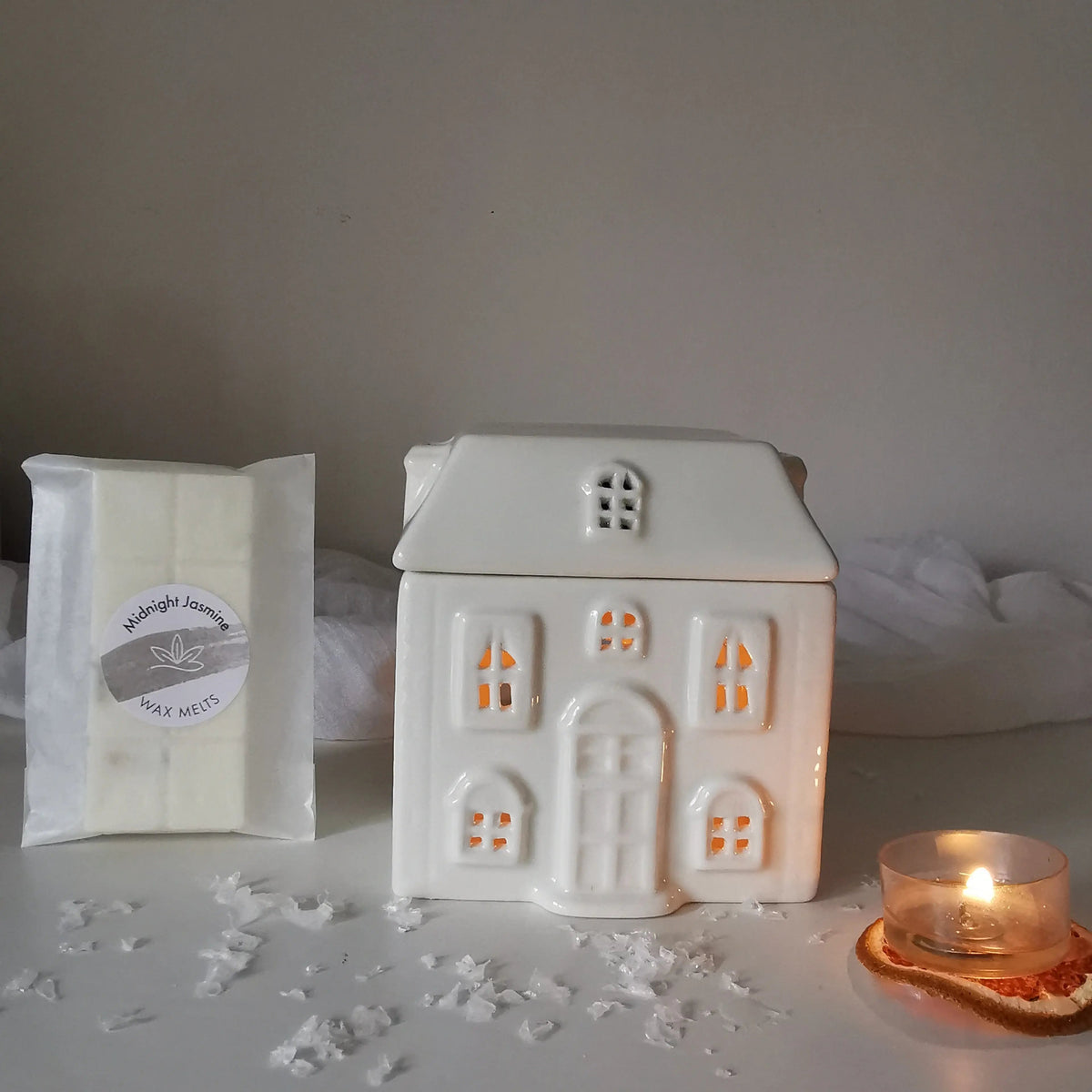 Ceramic House Wax Melt Burner – White, Optional Soy Melts   Handcrafted Sustainable Living  Almasea