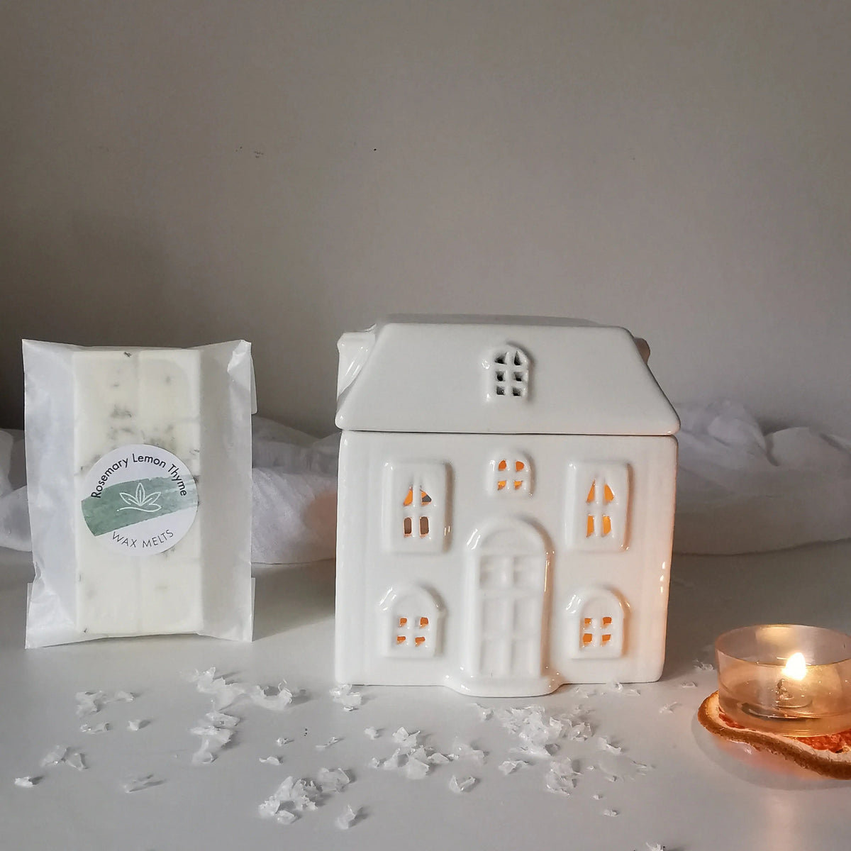 Ceramic House Wax Melt Burner – White, Optional Soy Melts   Handcrafted Sustainable Living  Almasea
