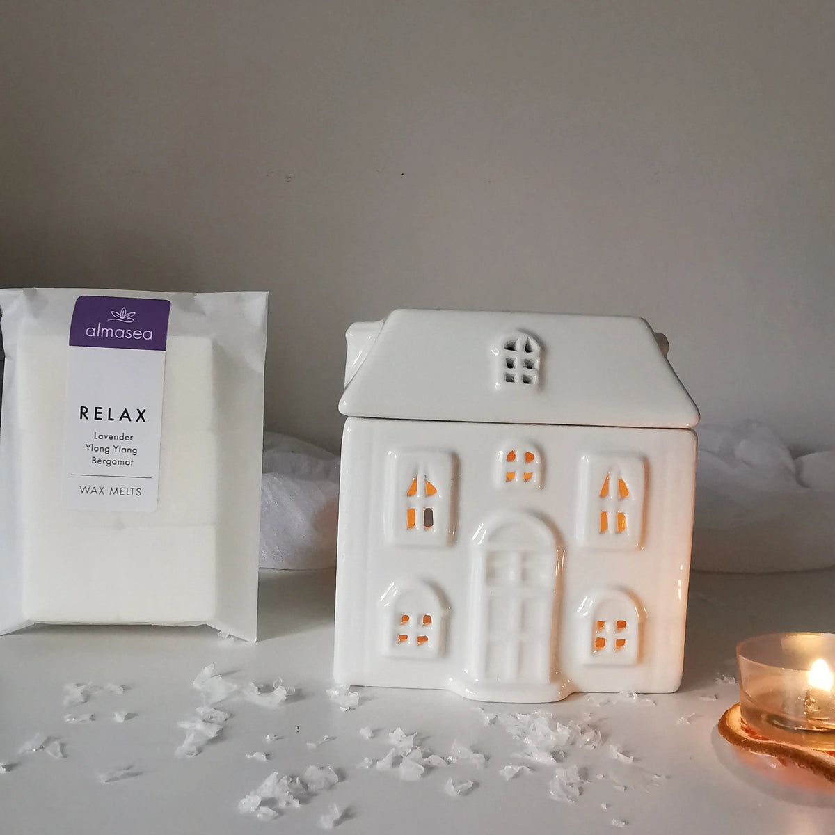 Ceramic House Wax Melt Burner – White, Optional Soy Melts   Handcrafted Sustainable Living  Almasea