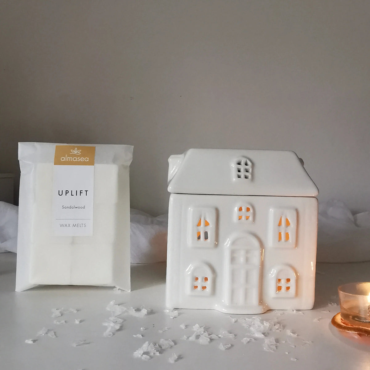 Ceramic House Wax Melt Burner – White, Optional Soy Melts   Handcrafted Sustainable Living  Almasea