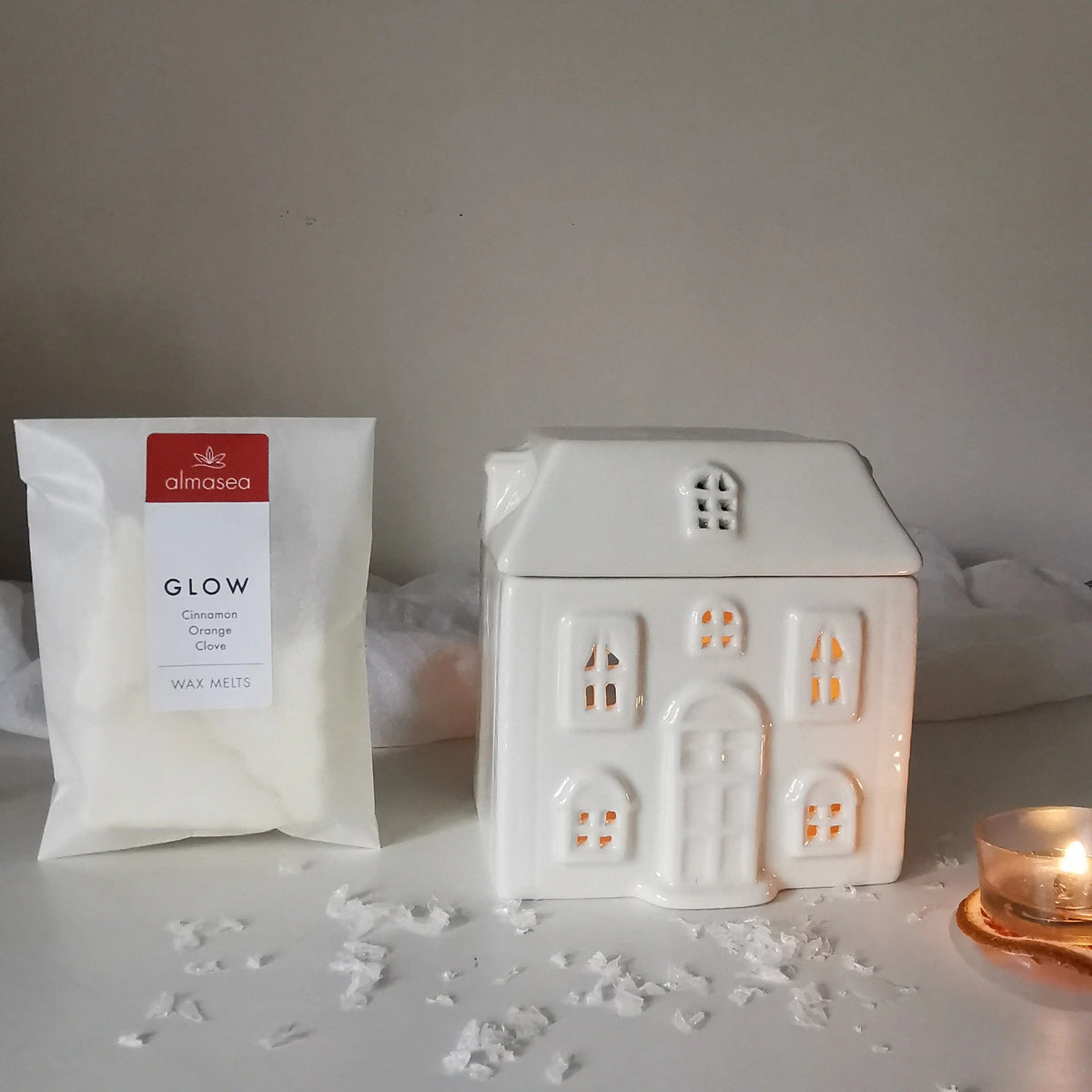 Ceramic House Wax Melt Burner – White, Optional Soy Melts   Handcrafted Sustainable Living  Almasea