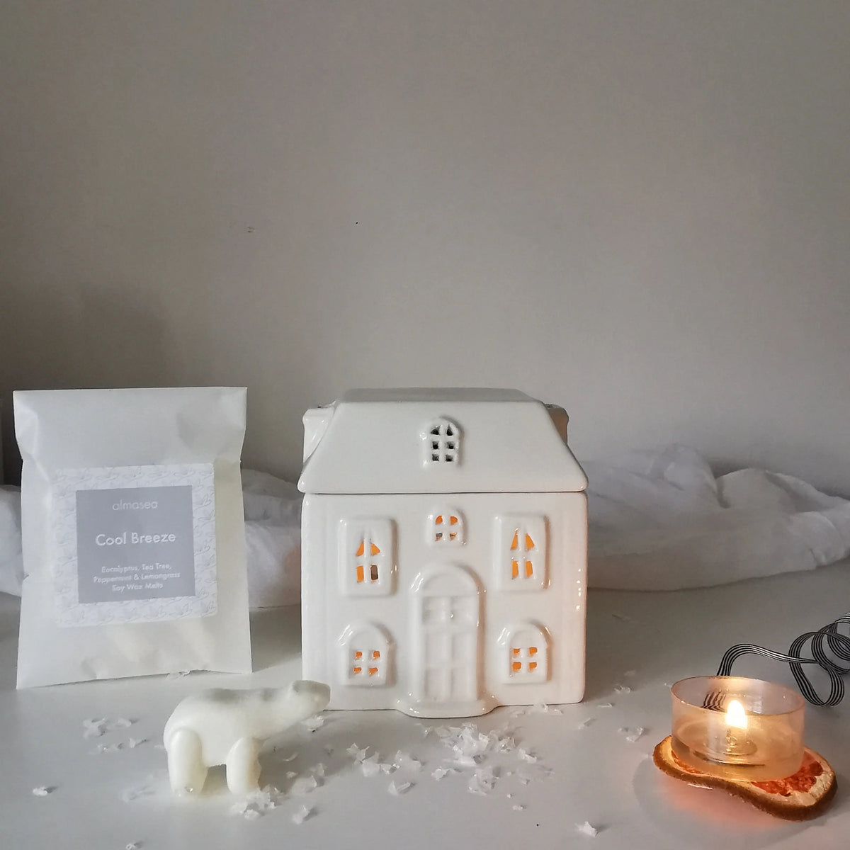 Ceramic House Wax Melt Burner – White, Optional Soy Melts   Handcrafted Sustainable Living  Almasea