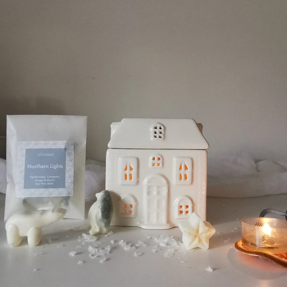 Ceramic House Wax Melt Burner – White, Optional Soy Melts   Handcrafted Sustainable Living  Almasea