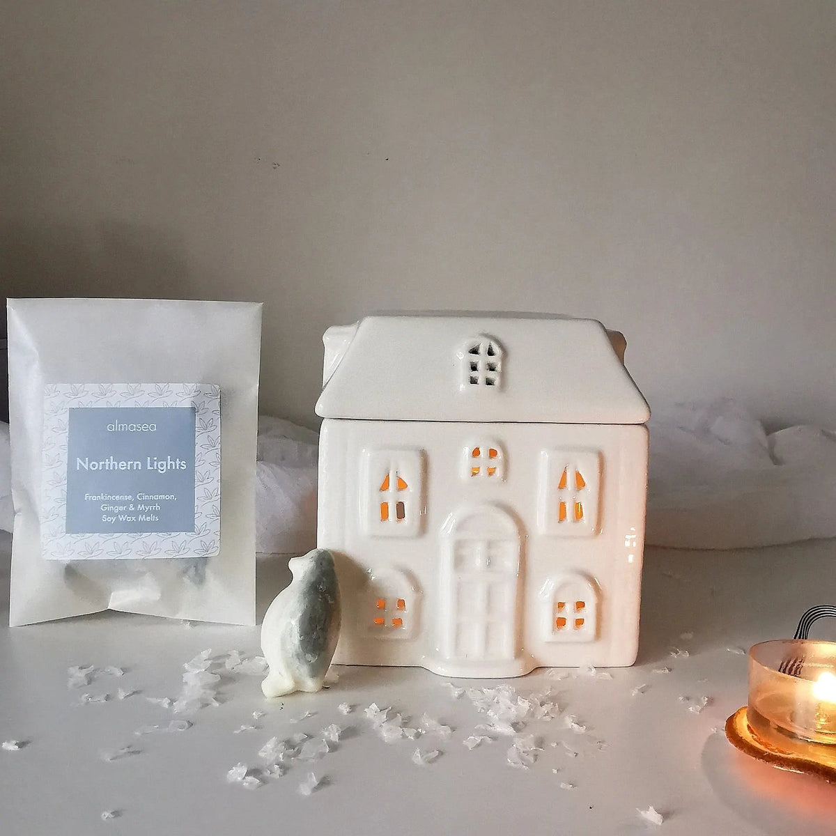 Ceramic House Wax Melt Burner – White, Optional Soy Melts   Handcrafted Sustainable Living  Almasea