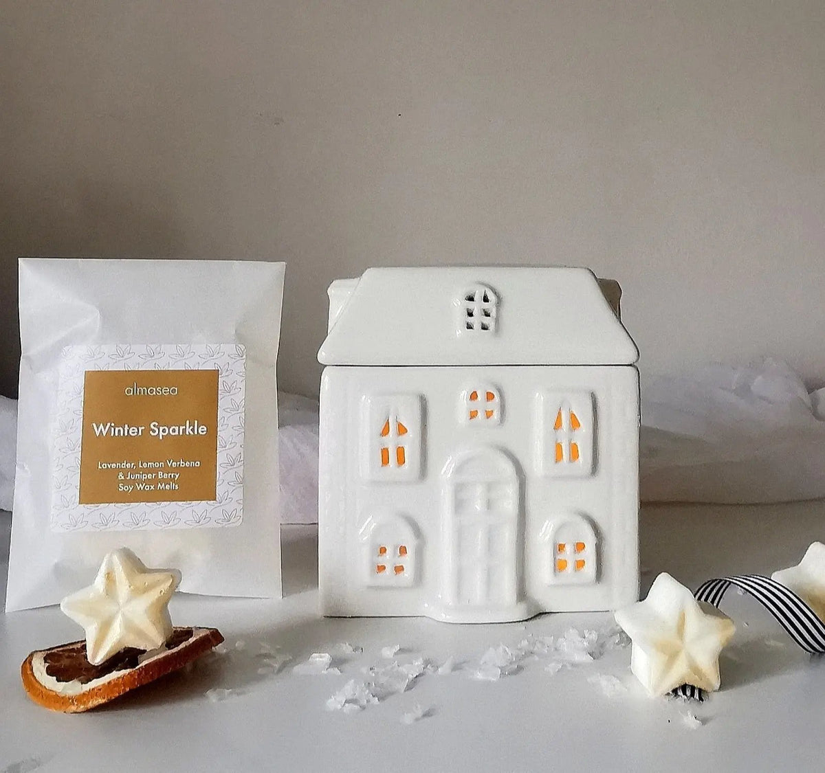 Ceramic House Wax Melt Burner – White, Optional Soy Melts   Handcrafted Sustainable Living  Almasea