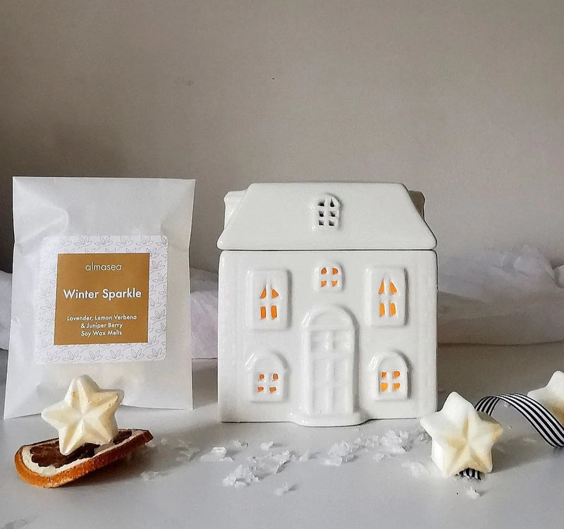 Ceramic House Wax Melt Burner – White, Optional Soy Melts   Handcrafted Sustainable Living  Almasea