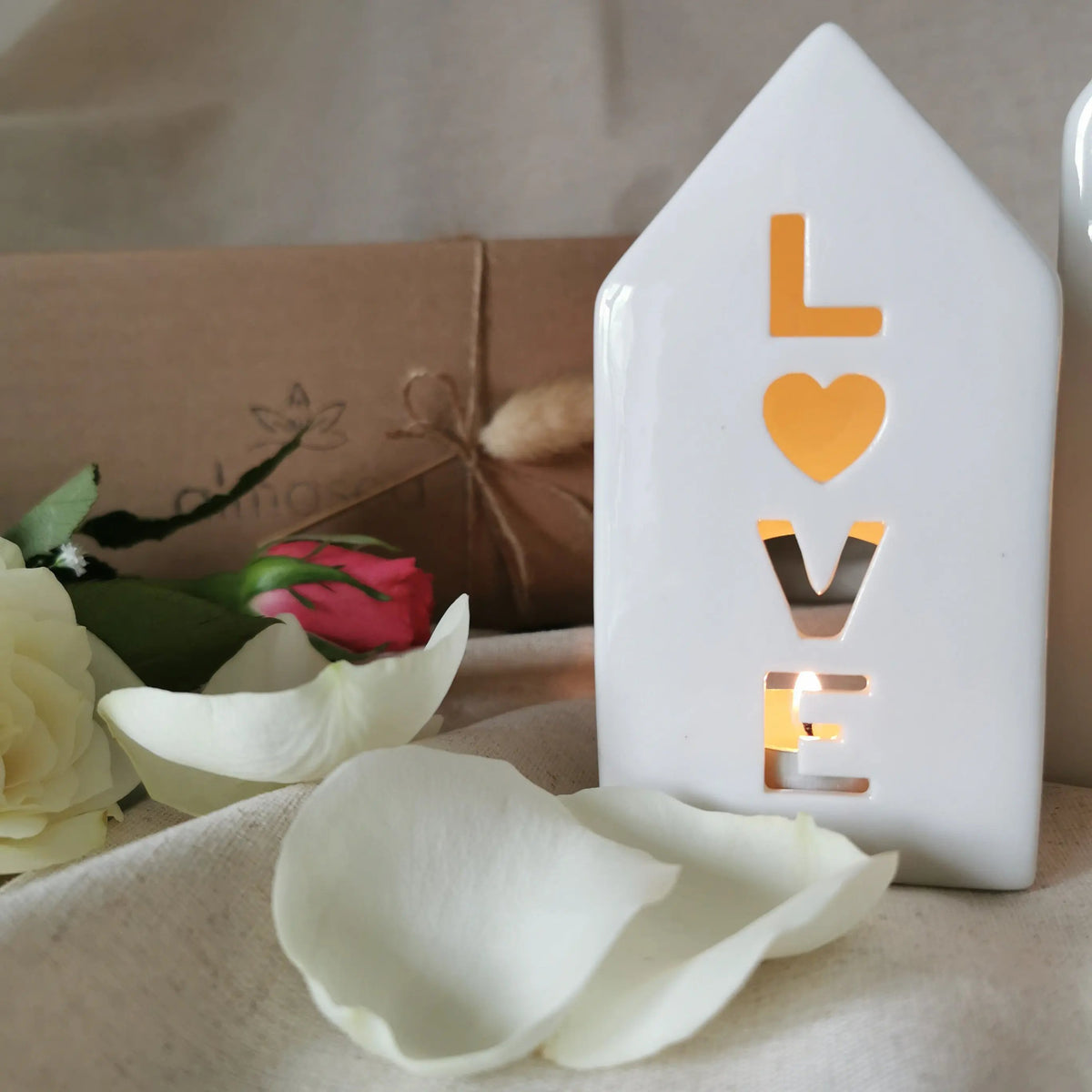 House Shaped 'Love' Tealight Holder with LED   Handcrafted Sustainable Living  Almasea
