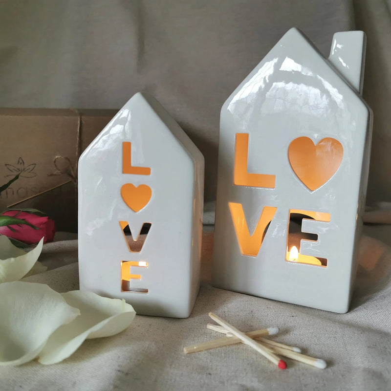 House Shaped 'Love' Tealight Holder with LED   Handcrafted Sustainable Living  Almasea